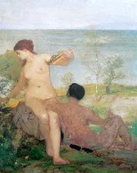 Jeune fille et jeune homme cueillant des fleurs